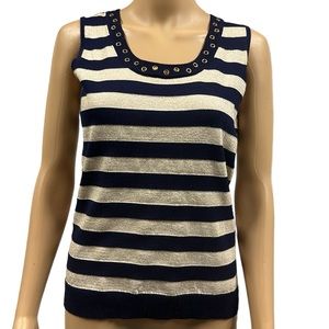 Fontana Grommet Accent Sleeveless Striped Metallic Gold Navy Knit Top Medium